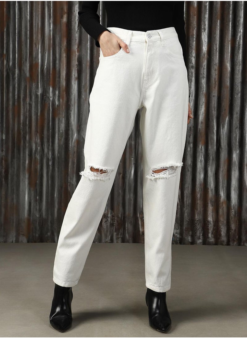 Women's Off White 100% Cotton Distressed Jeans