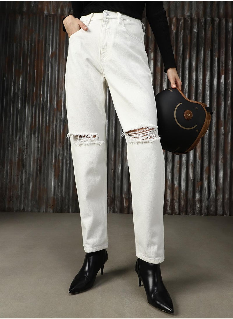 Women's Off White 100% Cotton Distressed Jeans