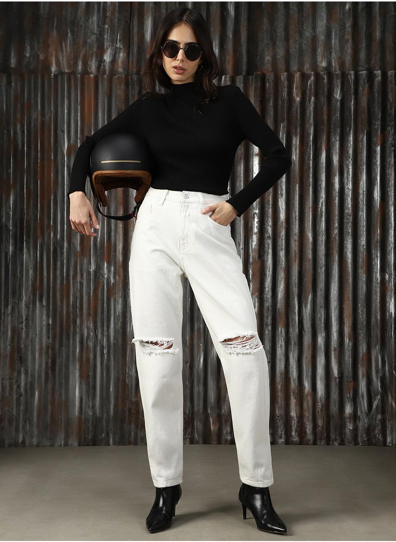 Women's Off White 100% Cotton Distressed Jeans