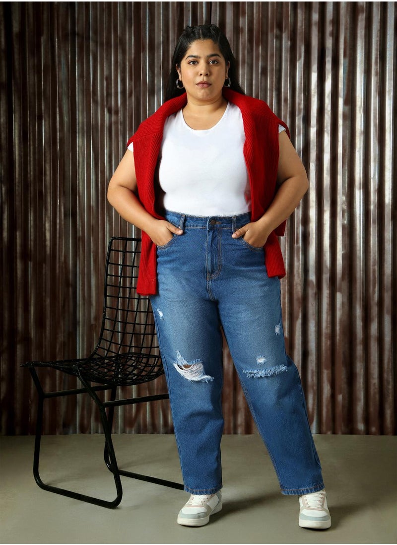 Women's Indigo 100% Cotton Distressed Full Length Plus Size Mom Fit Jeans