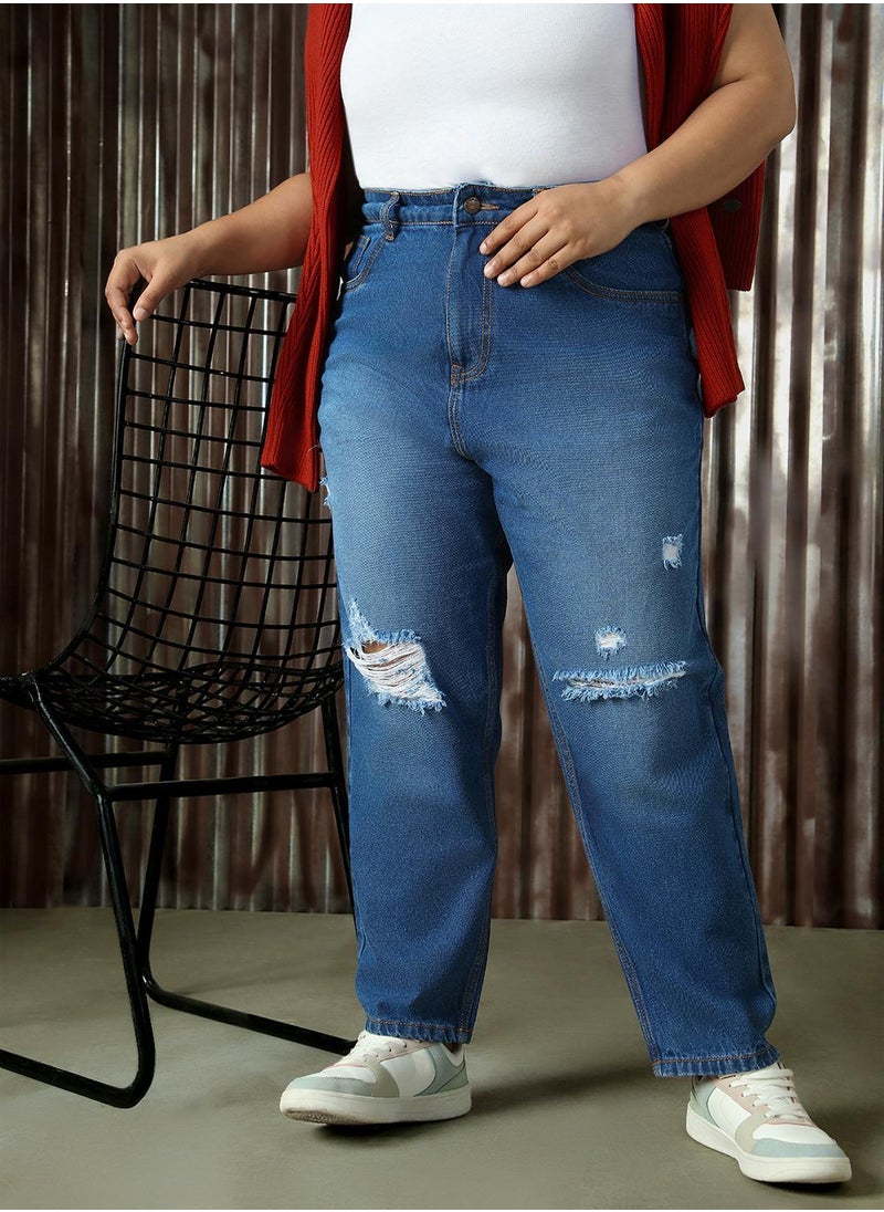 Women's Indigo 100% Cotton Distressed Full Length Plus Size Mom Fit Jeans
