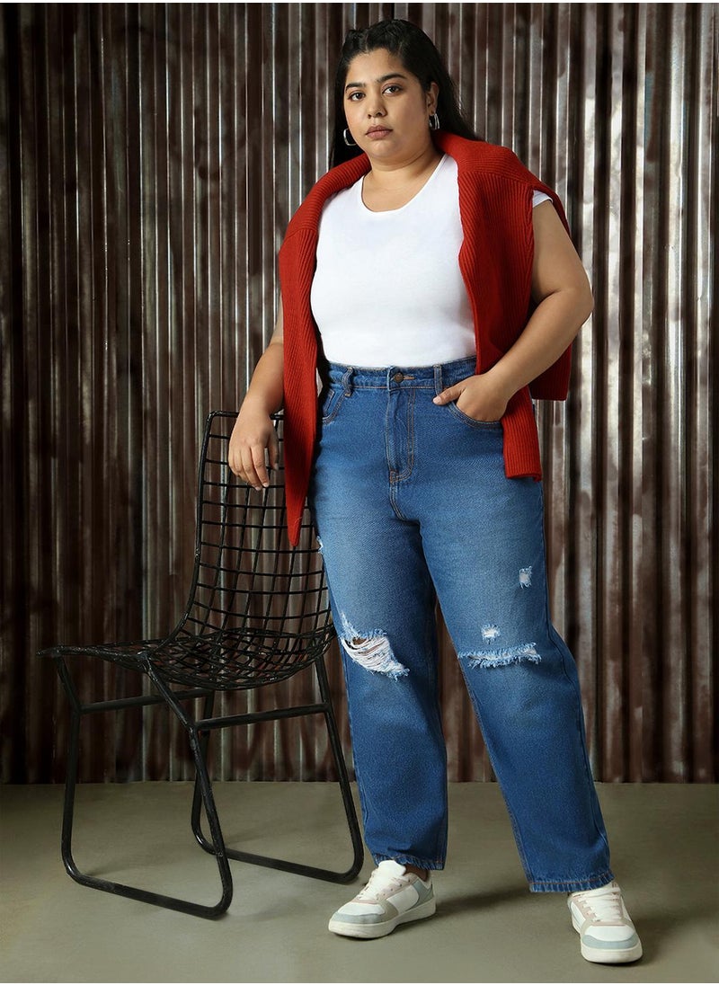 Women's Indigo 100% Cotton Distressed Full Length Plus Size Mom Fit Jeans