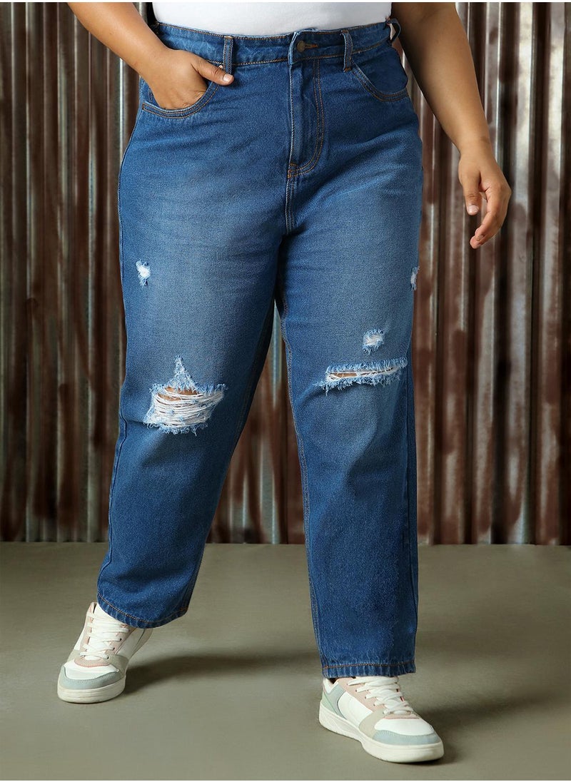 Women's Indigo 100% Cotton Distressed Full Length Plus Size Mom Fit Jeans