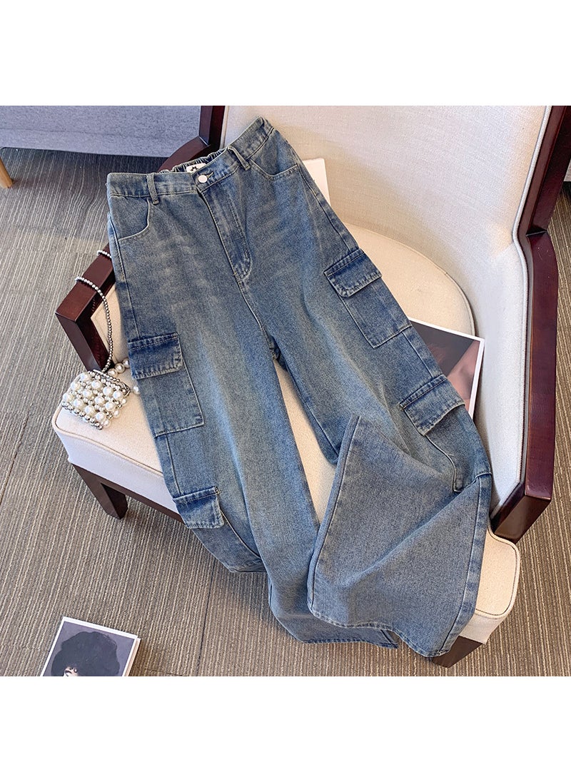 Plus Size Denim Trousers Slimming High Waist Straight Blue (delivered within 48 hours)
