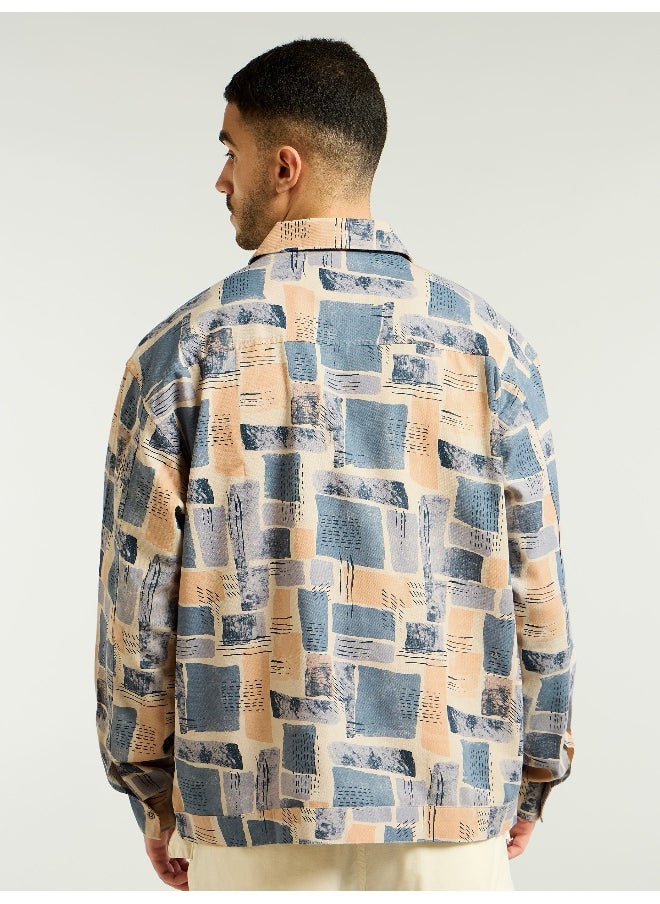 Peach and Beige Cotton Abstract Shacket