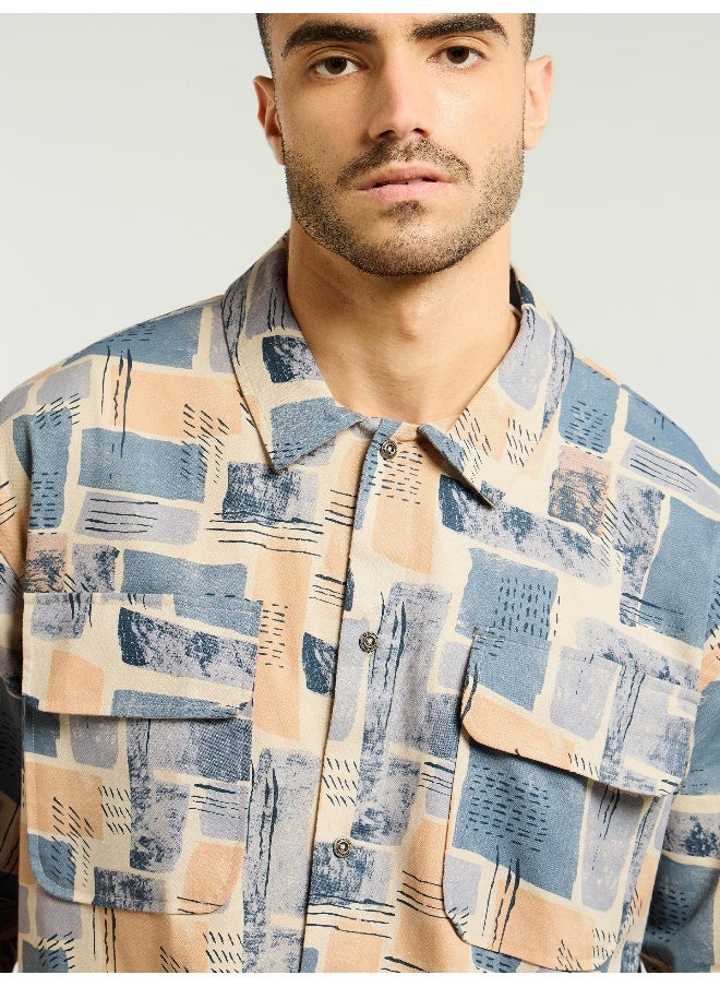 Peach and Beige Cotton Abstract Shacket