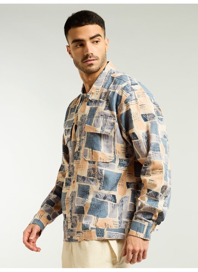 Peach and Beige Cotton Abstract Shacket