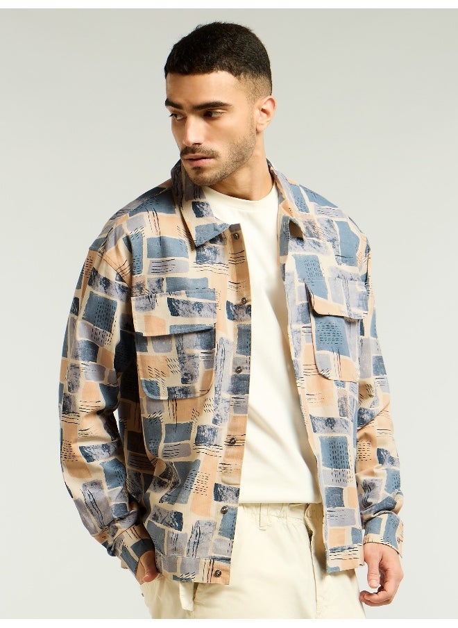 Peach and Beige Cotton Abstract Shacket
