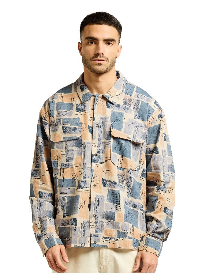 Peach and Beige Cotton Abstract Shacket