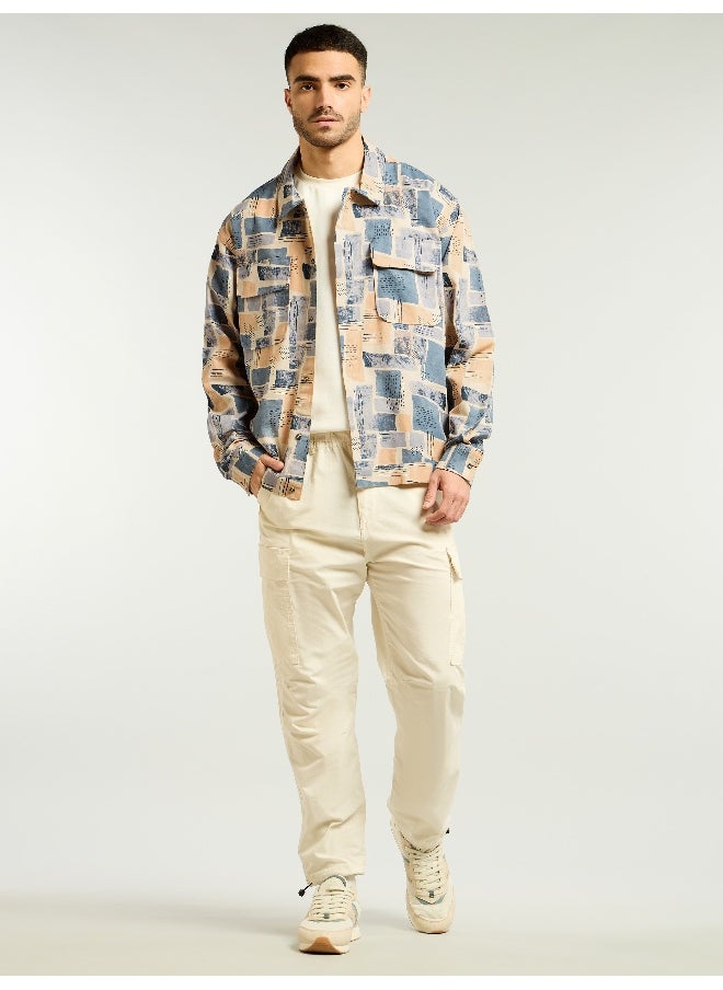 Peach and Beige Cotton Abstract Shacket