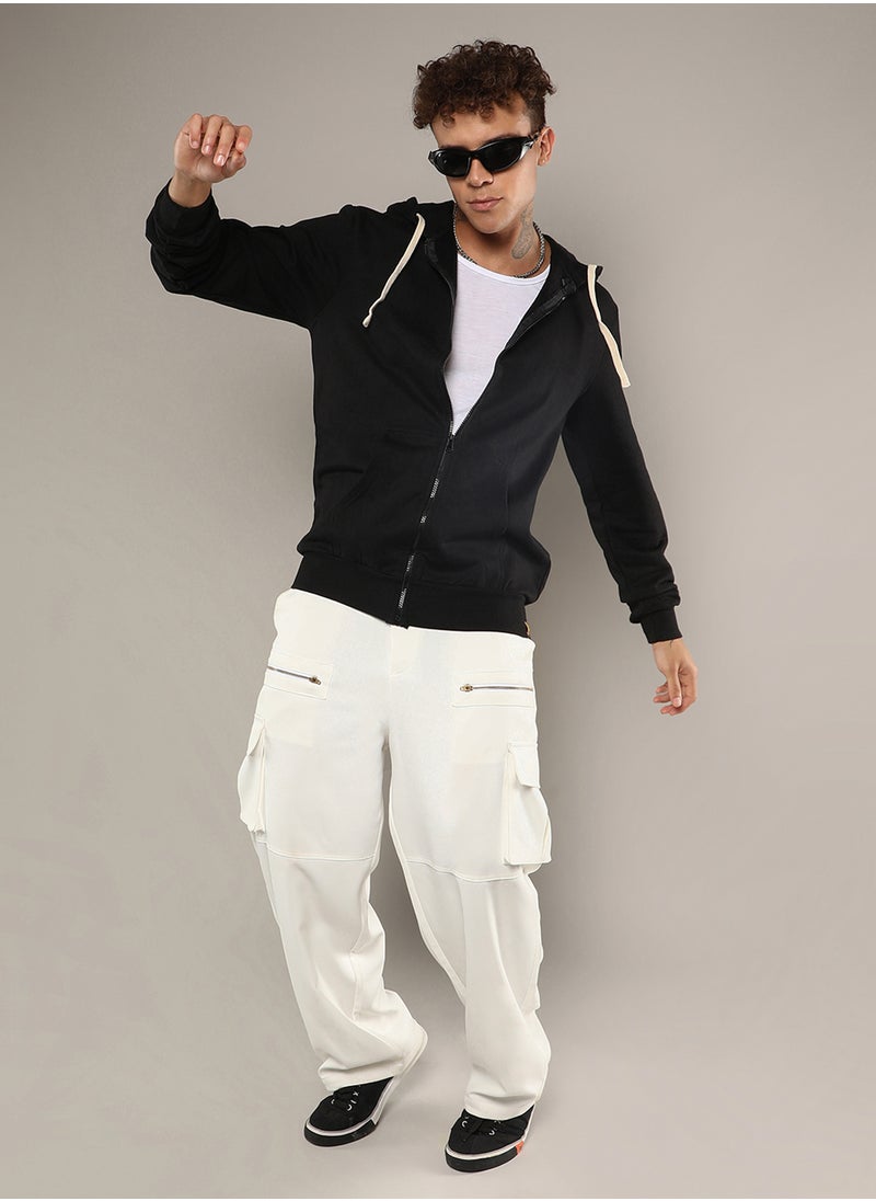 Men's Black Zip-Front Hoodie With Contrast Drawstring