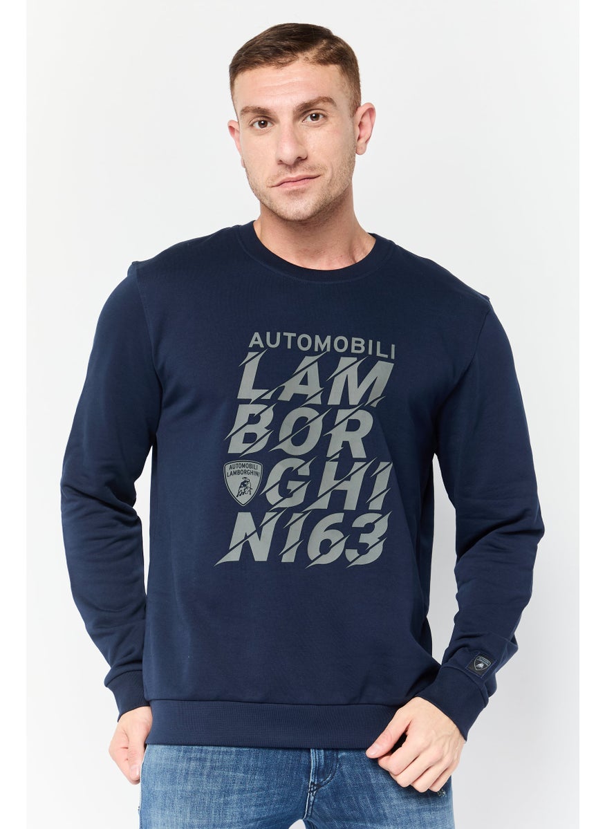 Men Crew Neck Brand Logo Long Sleeve Sweatshirt, Navy