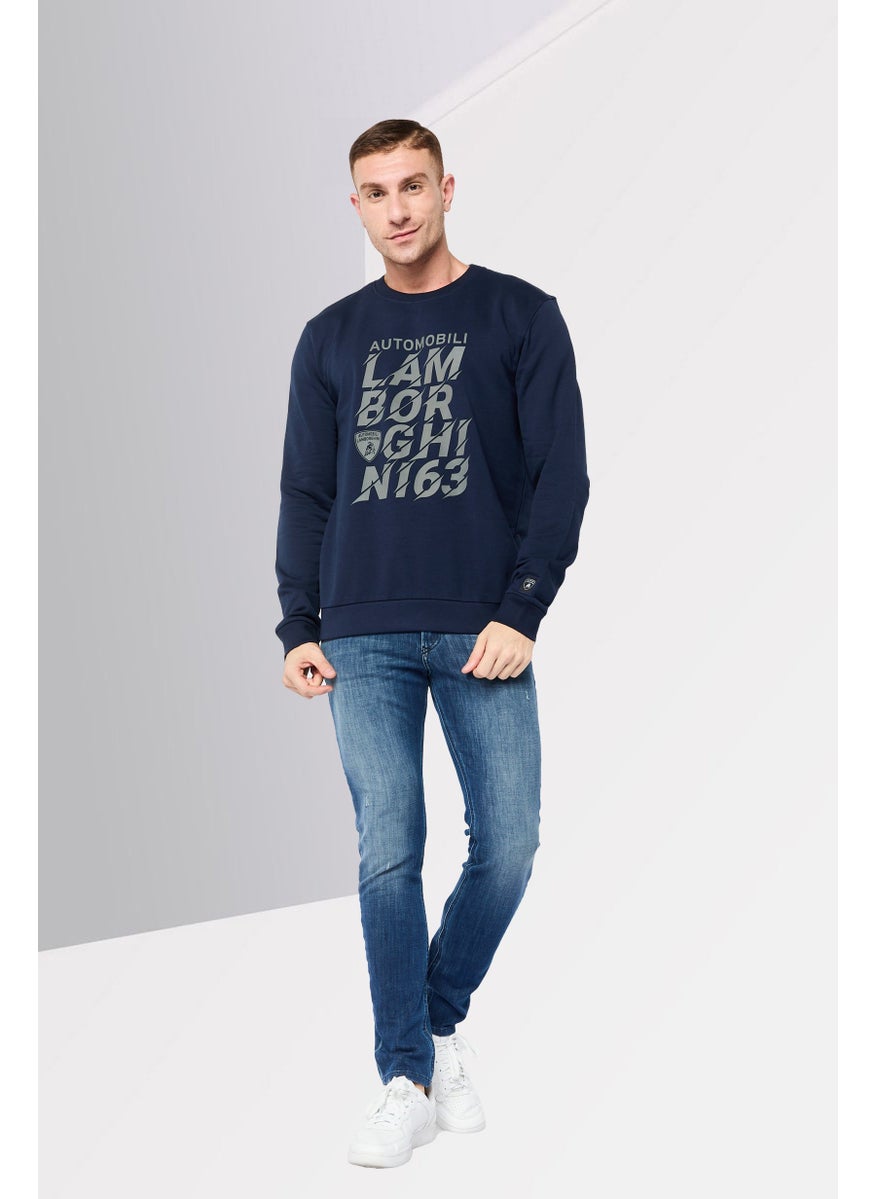 Men Crew Neck Brand Logo Long Sleeve Sweatshirt, Navy