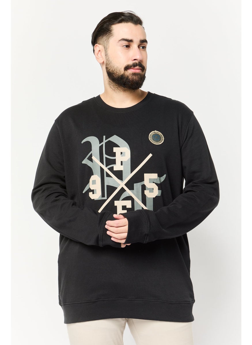 Men Crew Neck Long Sleeves Graphic Print Sweatshirt, Black