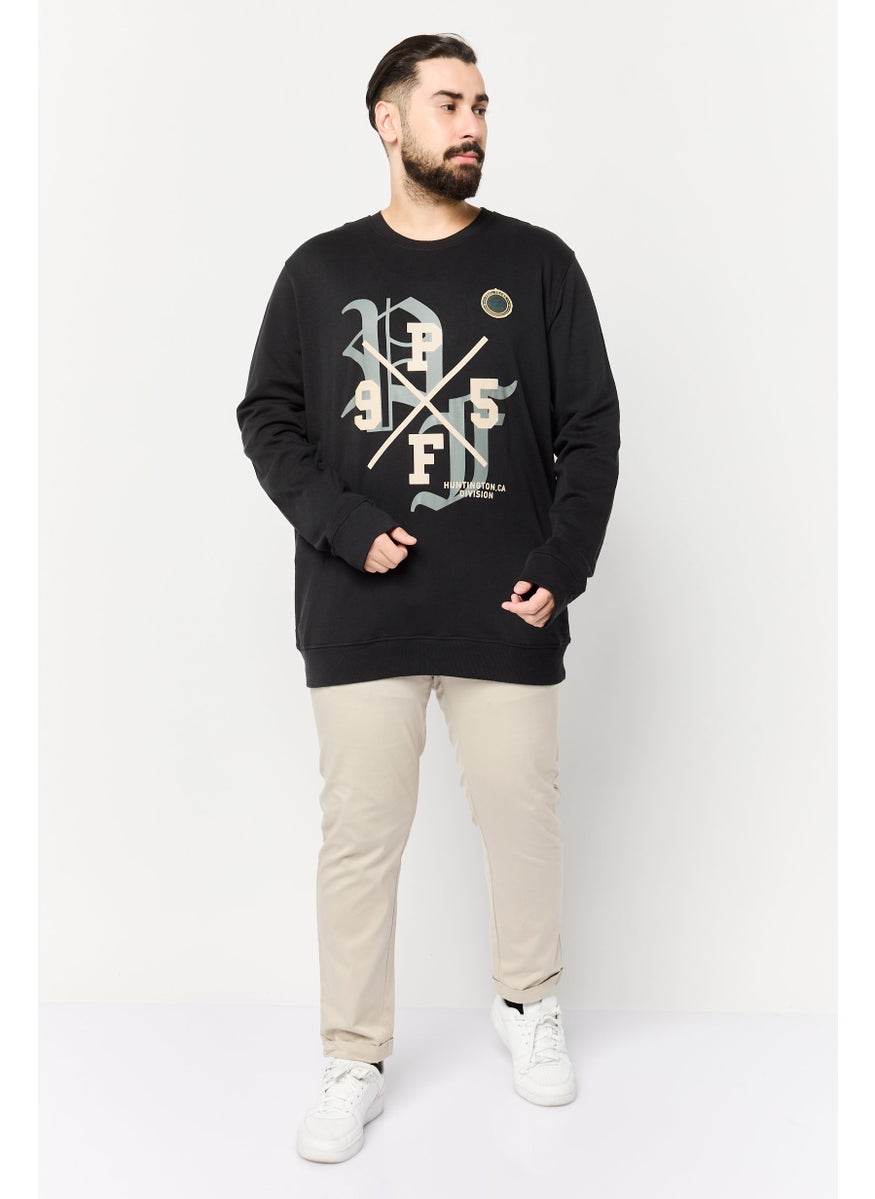Men Crew Neck Long Sleeves Graphic Print Sweatshirt, Black