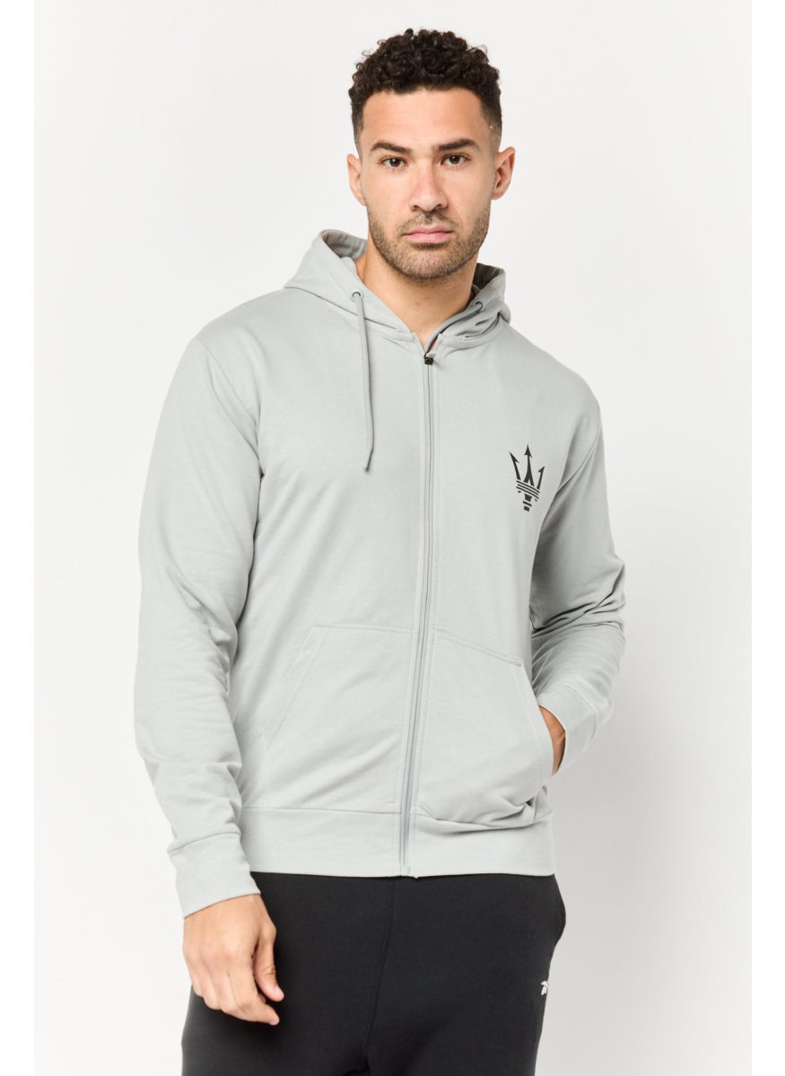 Men Brand Logo Full Zip Hooded Sweatshirt, Grey
