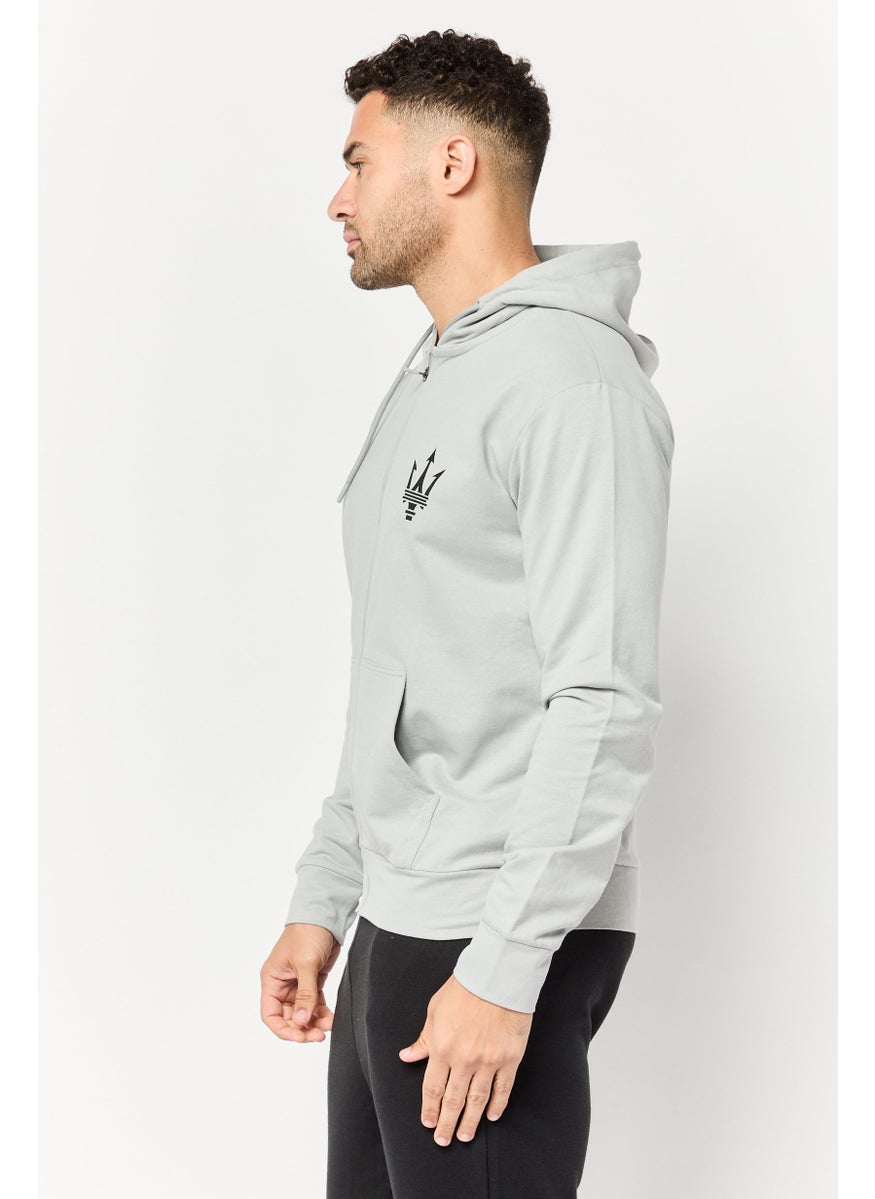 Men Brand Logo Full Zip Hooded Sweatshirt, Grey