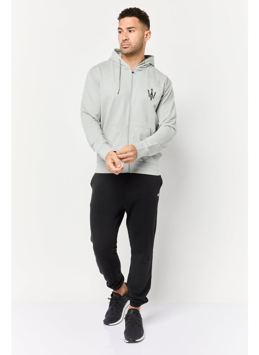 Men Brand Logo Full Zip Hooded Sweatshirt, Grey