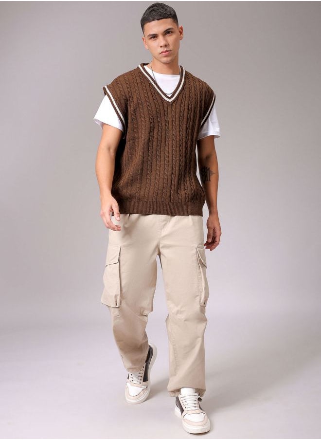 Men Oversized Textured V-Neck Sweater