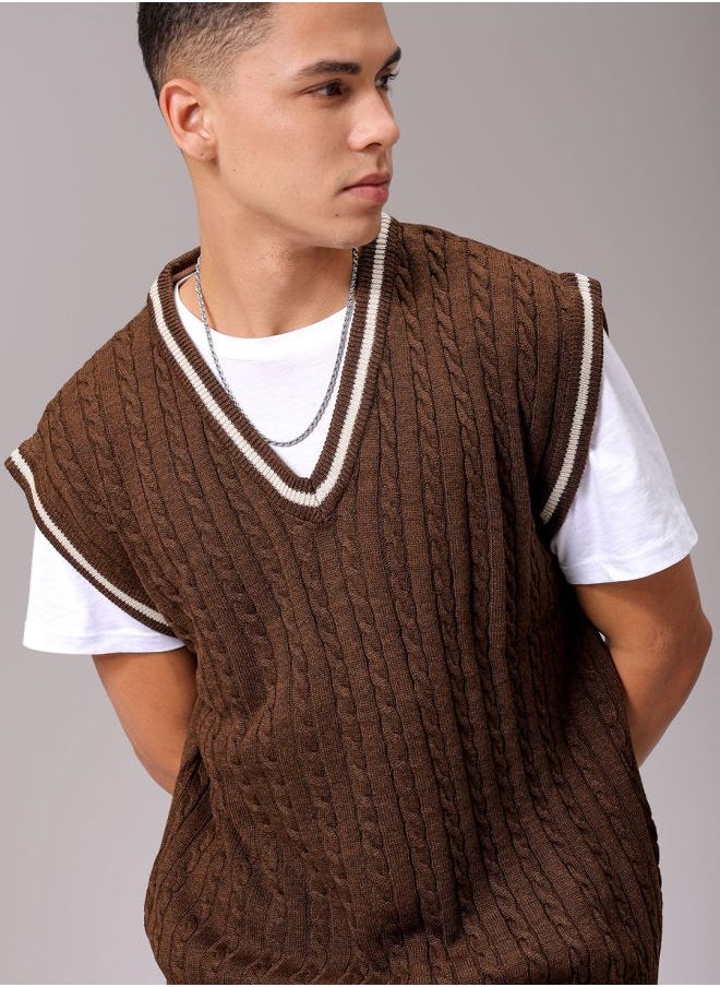 Men Oversized Textured V-Neck Sweater