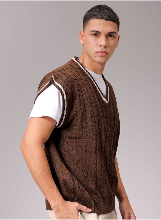 Men Oversized Textured V-Neck Sweater