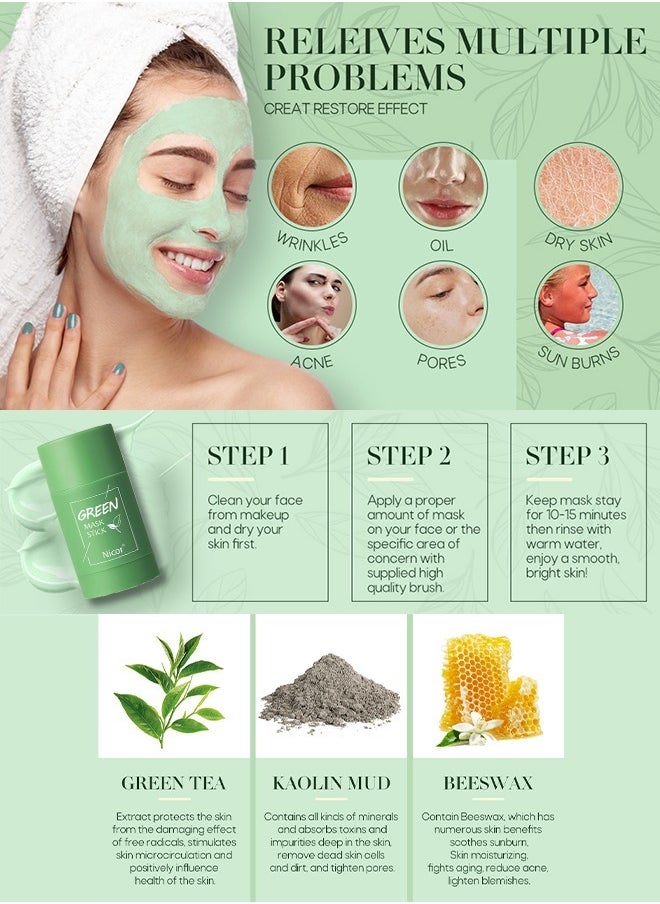 Green Tea Stick Mask For Face-Green Mask Stick Blackhead Remover With Green Tea Extract-Deep Pore Cleansing-Moisturizing-Oil Control-Clay Face Mask-Skin Brightening For All Skin Types Men Women