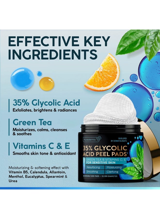 NUVADERMIS 35% Glycolic Acid Peel Pads - Exfoliating Facial Resurfacing for Blackheads, Dark Spots, and Acne - Safe for Sensitive Skin - 60 Double-Sided Pads