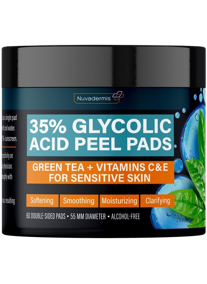 NUVADERMIS 35% Glycolic Acid Peel Pads - Exfoliating Facial Resurfacing for Blackheads, Dark Spots, and Acne - Safe for Sensitive Skin - 60 Double-Sided Pads