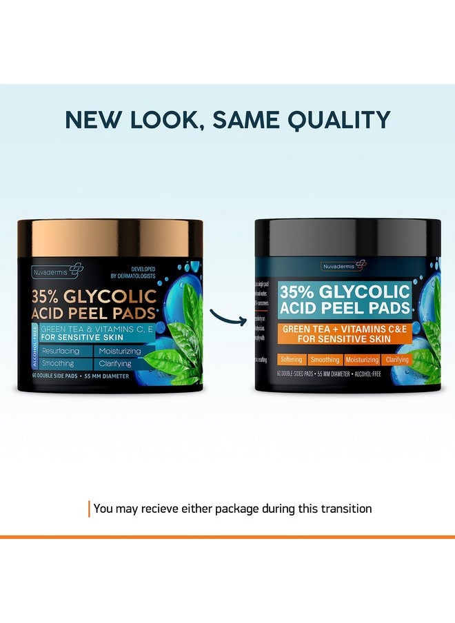 NUVADERMIS 35% Glycolic Acid Peel Pads - Exfoliating Facial Resurfacing for Blackheads, Dark Spots, and Acne - Safe for Sensitive Skin - 60 Double-Sided Pads