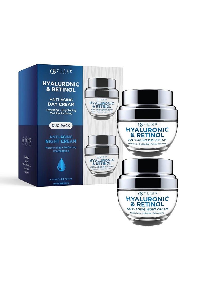Hyaluronic Acid & Retinol Day/Night Moisturizer Set - Dermatologist Tested, Anti-Aging, Hydrating Fine Lines & Wrinkles, Clean Beauty, Cruelty-Free Korean Skin Care - 1.69oz (2 Pack)