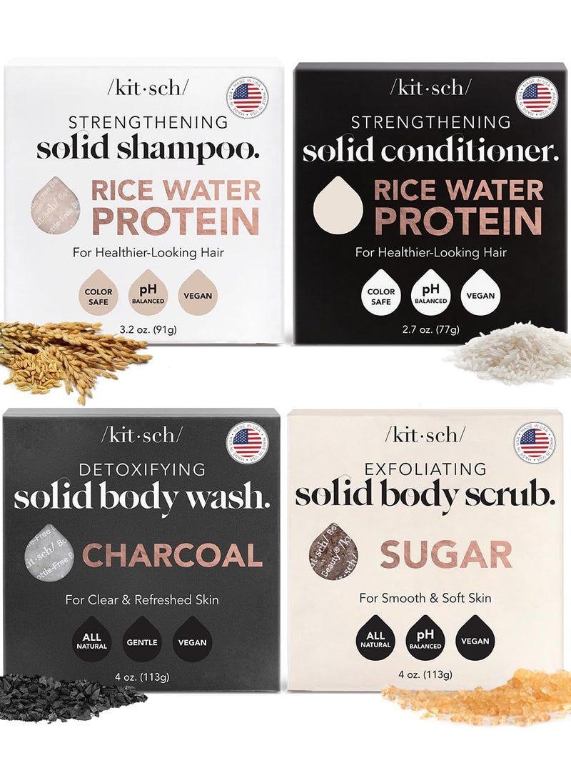 Kitsch 4pc Set - Rice Water Shampoo & Conditioner Bar, Charcoal Body Soap & Sugar Scrub Bar, Solid Bars with Castor Oil & Coconut Oil, Vegan, Paraben-Free, Hair & Body Care