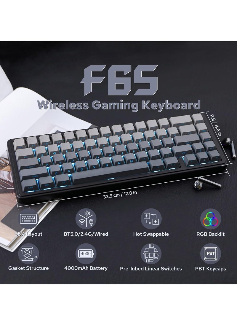 EPOMAKER x Aula F65 65% Wireless Mechanical Keyboard, Hot Swappable Gasket Custom Gaming Keyboard with Five-Layer Padding, RGB Backlit, Bluetooth/2.4GHz/USB-C (Black, Graywood V3 Switch)