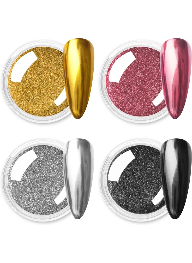 Allstarry Gold and Silver Chrome Nail Powder, 4 Colors Metallic Effect Mirror Chrome Powder Pigment Holographic Manicure Pigment Gold Siver Pink Chrome Nail Glitter