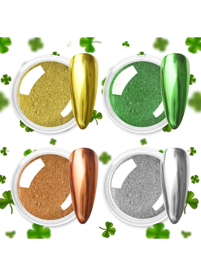 Allstarry Gold Green Chrome Nail Powder, 4 Colors Metallic Mirror Effect Chrome Powder Manicure Glitter Kit for Gel Polish St Patricks Day Nail Art St Patty's Day Accessories - Metallic Dark Green