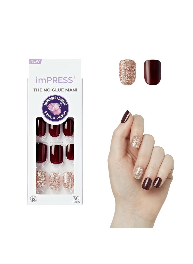 KISS imPRESS No Glue Mani Press On Nails, Design, 'No Other', Red, Short Size, Squoval Shape, Includes 30 Nails, Prep Pad, Instructions Sheet, 1 Manicure Stick, 1 Mini File
