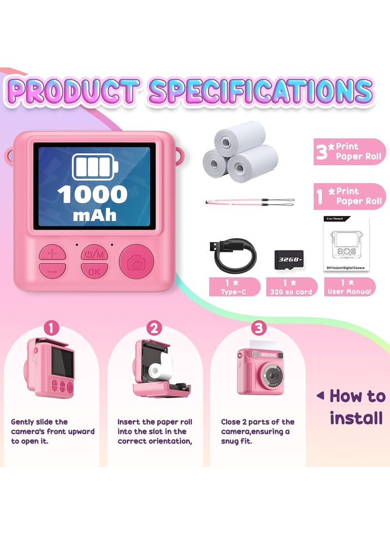 Instant Print Camera for Kids,Instant Camera for Girls Boys,Kids Camera Toys for Toddler 1080P HD Selfie Digital Camera with Print Paper u0026 32G Card,Birthday Gifts for Girls Age 3-12 Years Old