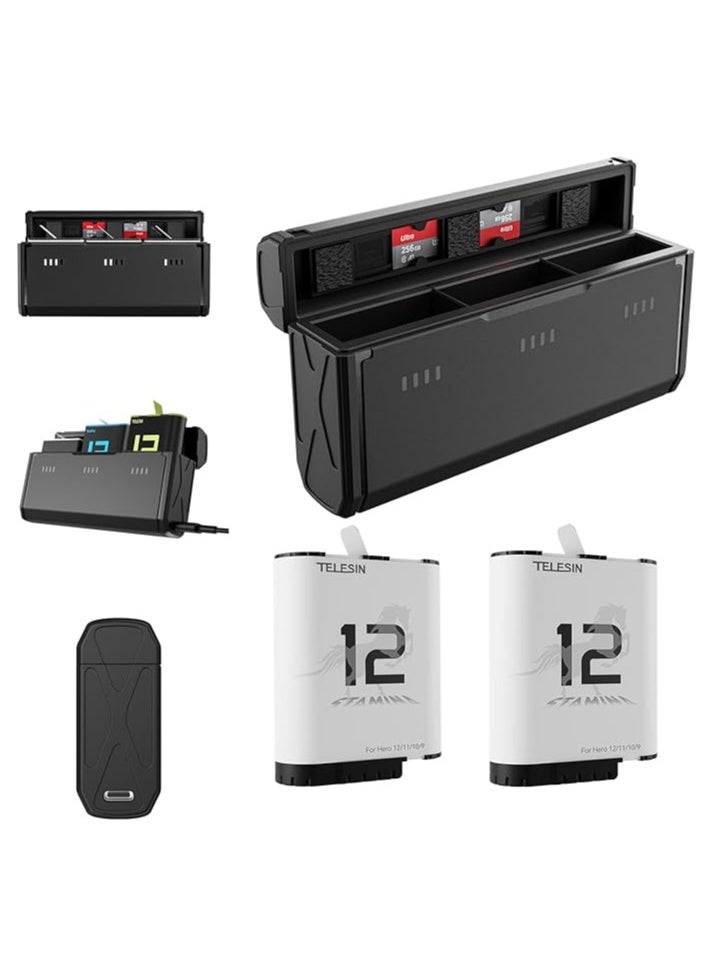TELESIN 2-Pack Stamina Battery and Pocket Storage Charging Box Bundle for GoPro HERO12/11/10/9 Multifunctional with Flat Design