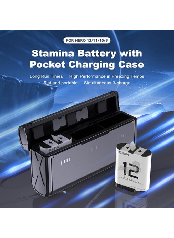 TELESIN 2-Pack Stamina Battery and Pocket Storage Charging Box Bundle for GoPro HERO12/11/10/9 Multifunctional with Flat Design