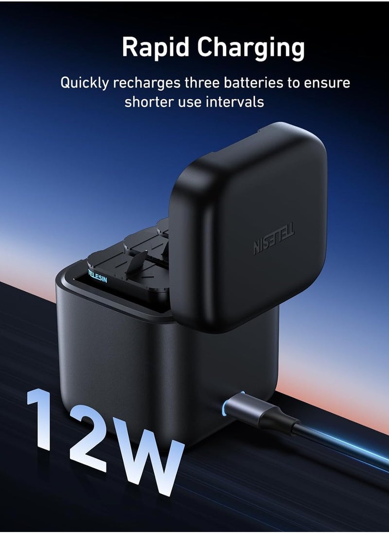 TELESIN 3-Channel USB Battery Quick Charger with Type-C Cord for GoPro Hero 9/10/11/12 Black, Batteries Storage Carrying Case Fully Compatible with Original GoPro Enduro Battery, Portable GoPro battery charger