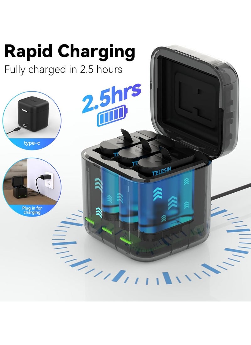 TELESIN 3-Channel USB Battery Quick Charger with Type-C Cord for GoPro Hero 9/10/11/12 Black, Batteries Storage Carrying Case Fully Compatible with Original GoPro Enduro Battery, Portable GoPro battery charger