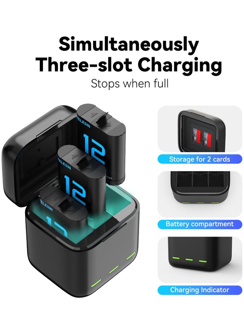 TELESIN 3-Channel USB Battery Quick Charger with Type-C Cord for GoPro Hero 9/10/11/12 Black, Batteries Storage Carrying Case Fully Compatible with Original GoPro Enduro Battery, Portable GoPro battery charger