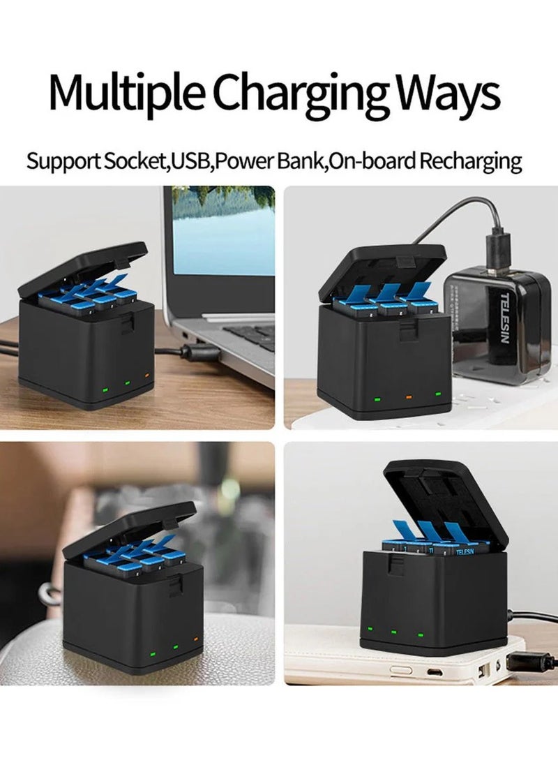 TELESIN Battery Charger for Gopro Hero 8 7 6 5 Black,3-Channel Battery Charging Storage Box with 2 GoPro Compatible Batteries Pack, USB Type-C Cable (Charger+2battery 1220mAh for GoPro hero 5/6/7/8)
