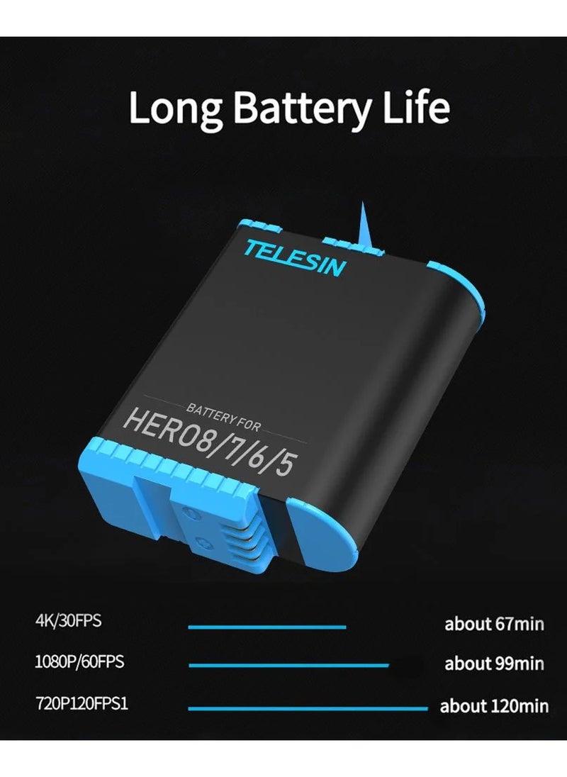 TELESIN Battery Charger for Gopro Hero 8 7 6 5 Black,3-Channel Battery Charging Storage Box with 2 GoPro Compatible Batteries Pack, USB Type-C Cable (Charger+2battery 1220mAh for GoPro hero 5/6/7/8)