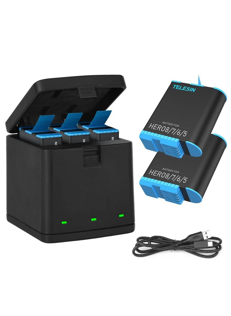 TELESIN Battery Charger for Gopro Hero 8 7 6 5 Black,3-Channel Battery Charging Storage Box with 2 GoPro Compatible Batteries Pack, USB Type-C Cable (Charger+2battery 1220mAh for GoPro hero 5/6/7/8)