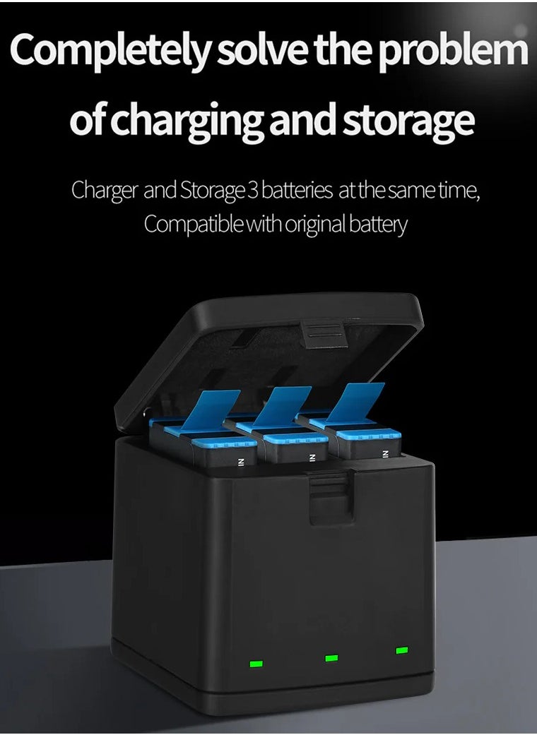 TELESIN Battery Charger for Gopro Hero 8 7 6 5 Black,3-Channel Battery Charging Storage Box with 2 GoPro Compatible Batteries Pack, USB Type-C Cable (Charger+2battery 1220mAh for GoPro hero 5/6/7/8)