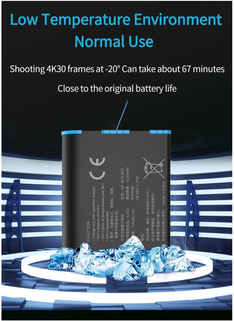 TELESIN Battery Charger for Gopro Hero 8 7 6 5 Black,3-Channel Battery Charging Storage Box with 2 GoPro Compatible Batteries Pack, USB Type-C Cable (Charger+2battery 1220mAh for GoPro hero 5/6/7/8)