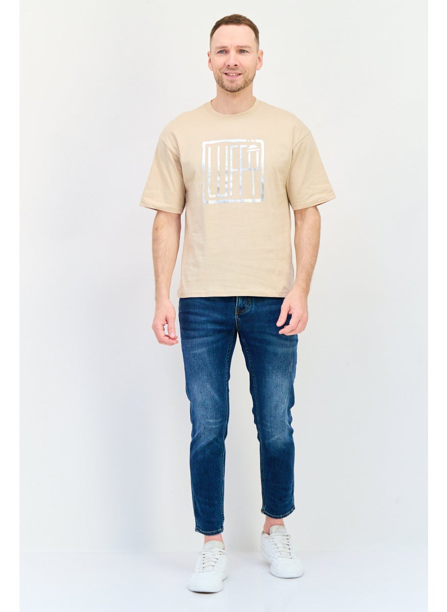 Men Crew Neck Short Sleeves Graphic Printed T-Shirt, Beige