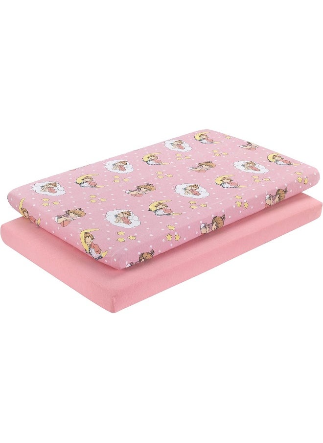 2 Pack n Play Mattress Sheets – 100% Jersey Knit Cotton Soft Portable Crib Mattress Sheet for Girls with Pink and Yellow Precious Moments Design