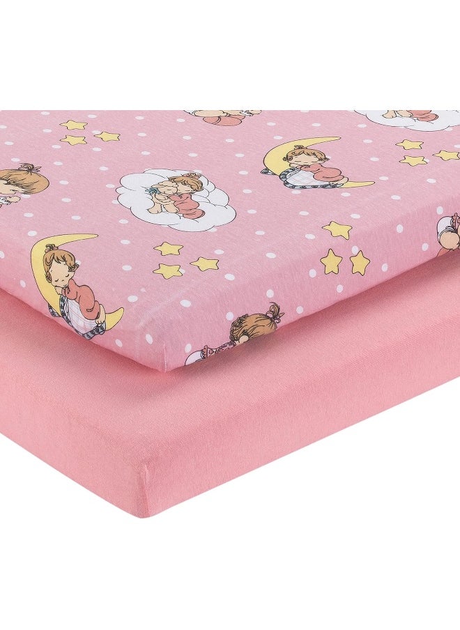 2 Pack n Play Mattress Sheets – 100% Jersey Knit Cotton Soft Portable Crib Mattress Sheet for Girls with Pink and Yellow Precious Moments Design