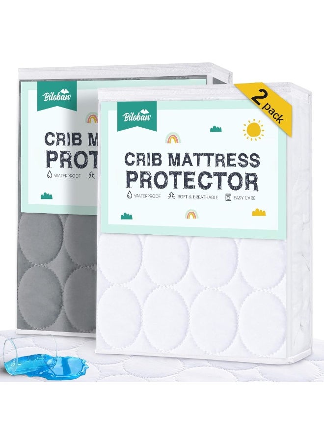 Crib Mattress Protector 2 Pack Pad Waterproof, Quilted Crib Mattress Cover Sheets Fitted, Absorbent & Noiseless Toddler Mattress Protector Fit Baby Toddler Bed Mattress Pad (52” x 28”), Grey & White